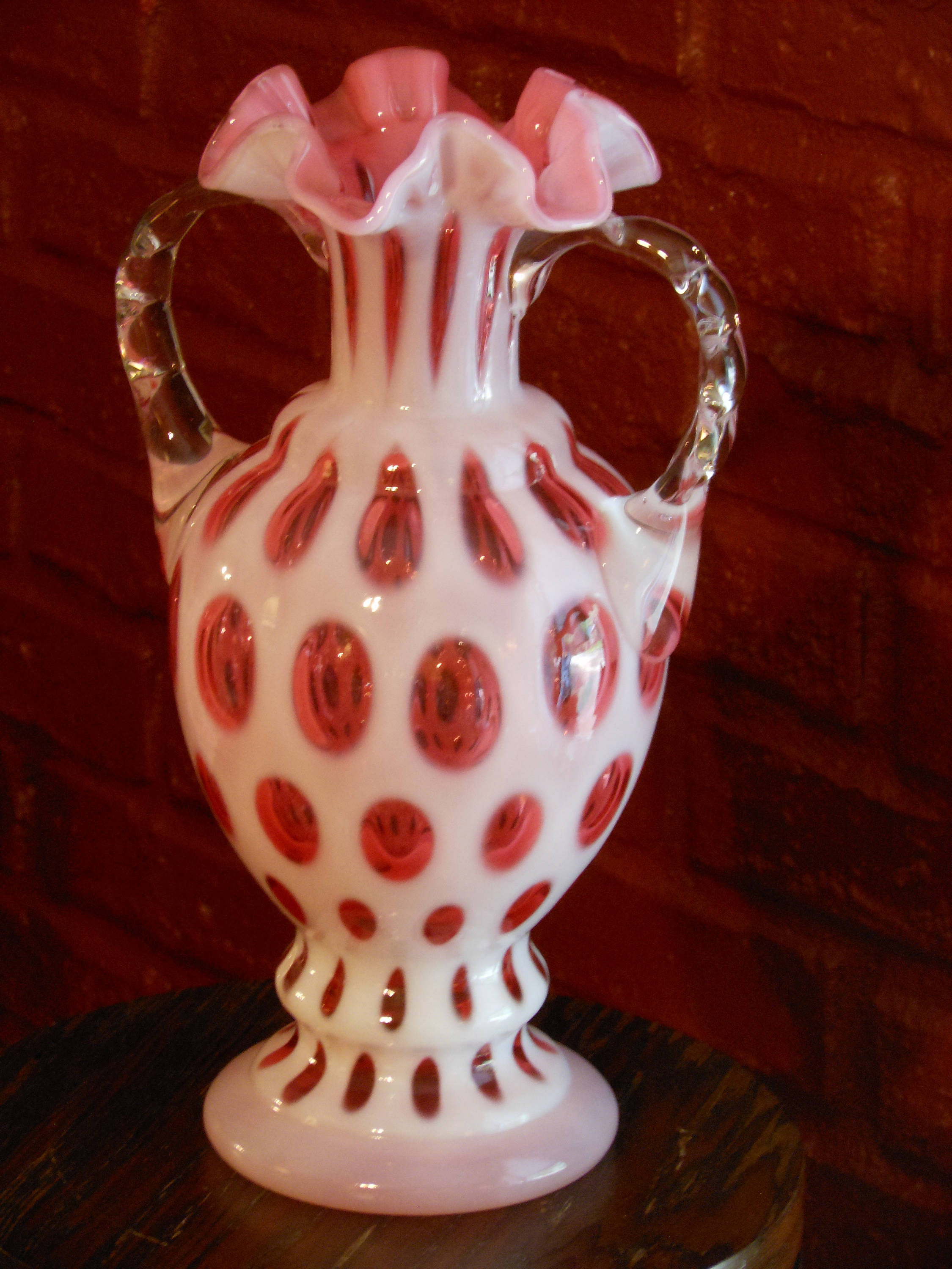 Pink and White Ruffled Top TwoHandled Art Glass Vase Rare Fenton