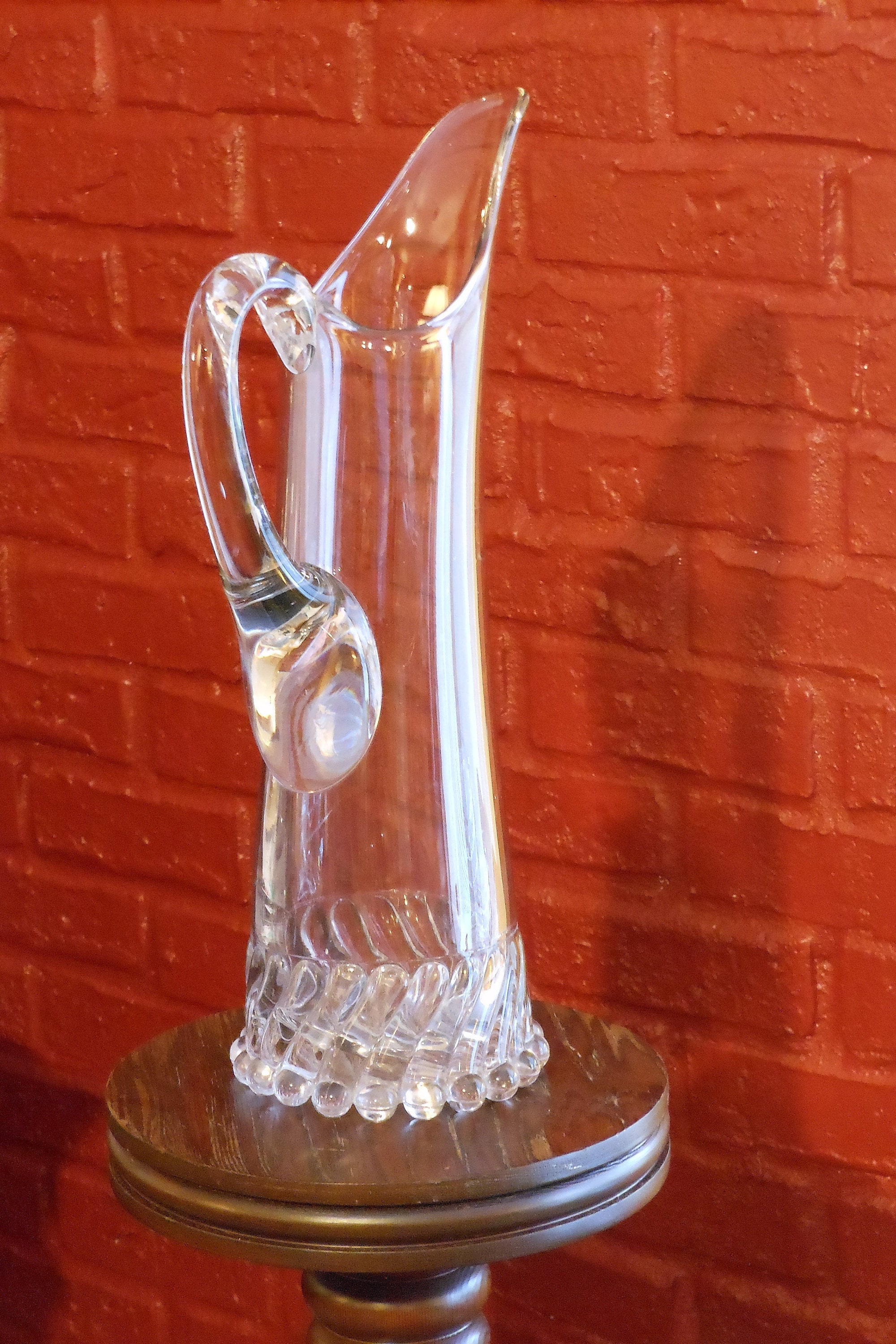 Tall Clear Glass Beaded Vase with Handle & Spout