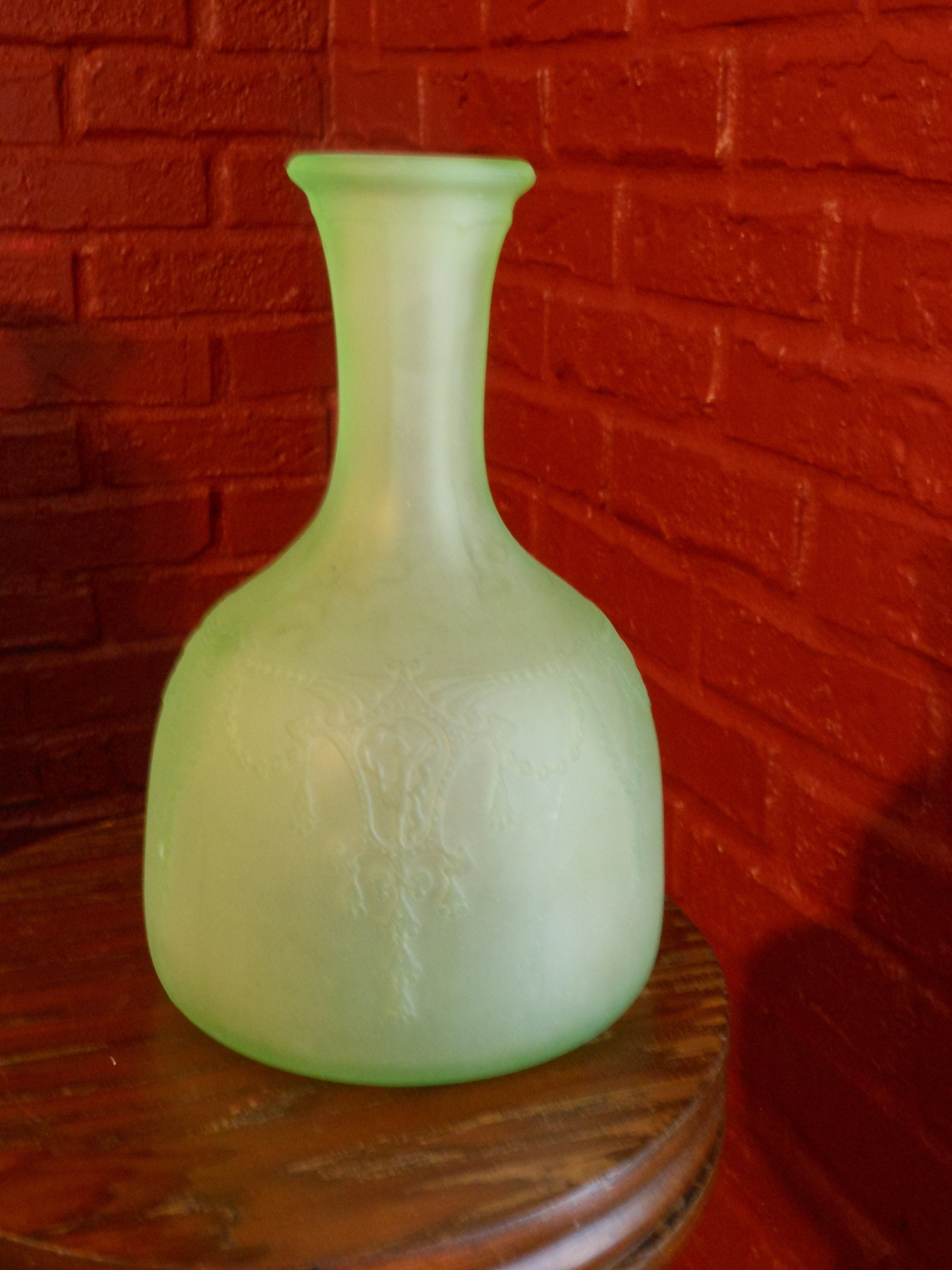 Frosted Green Embossed Vintage Glass Vase