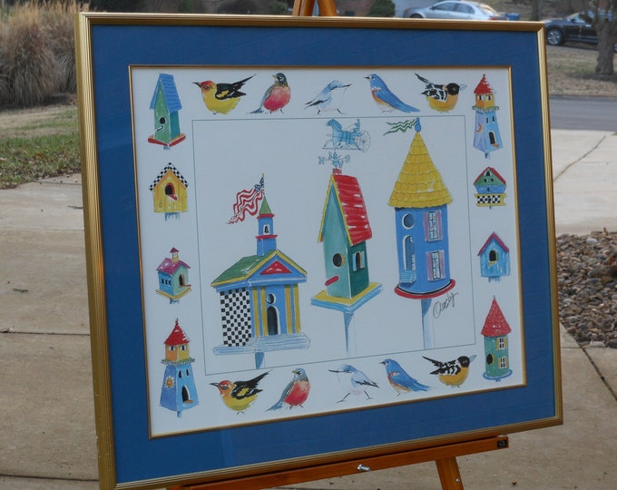 Large Watercolor of Birdhouses & Birds