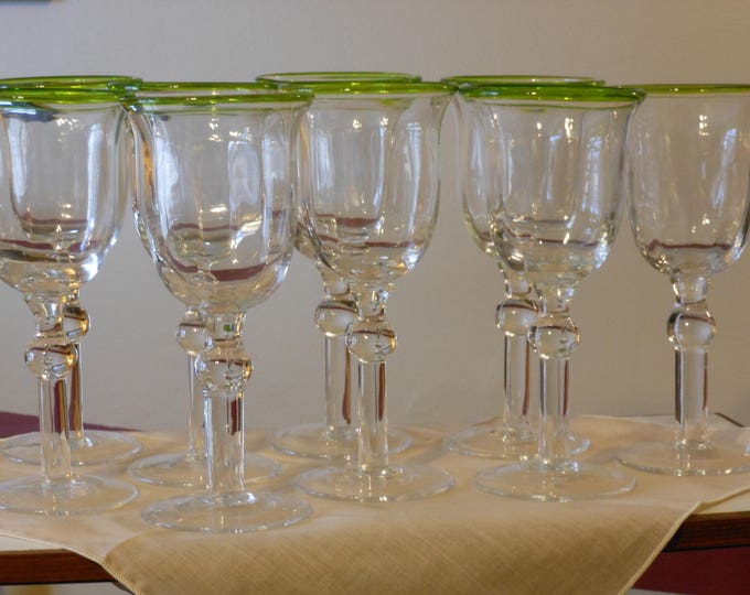 Collection of Nine Beaded, Green-Rimmed, Long-Stemmed Wine Glasses
