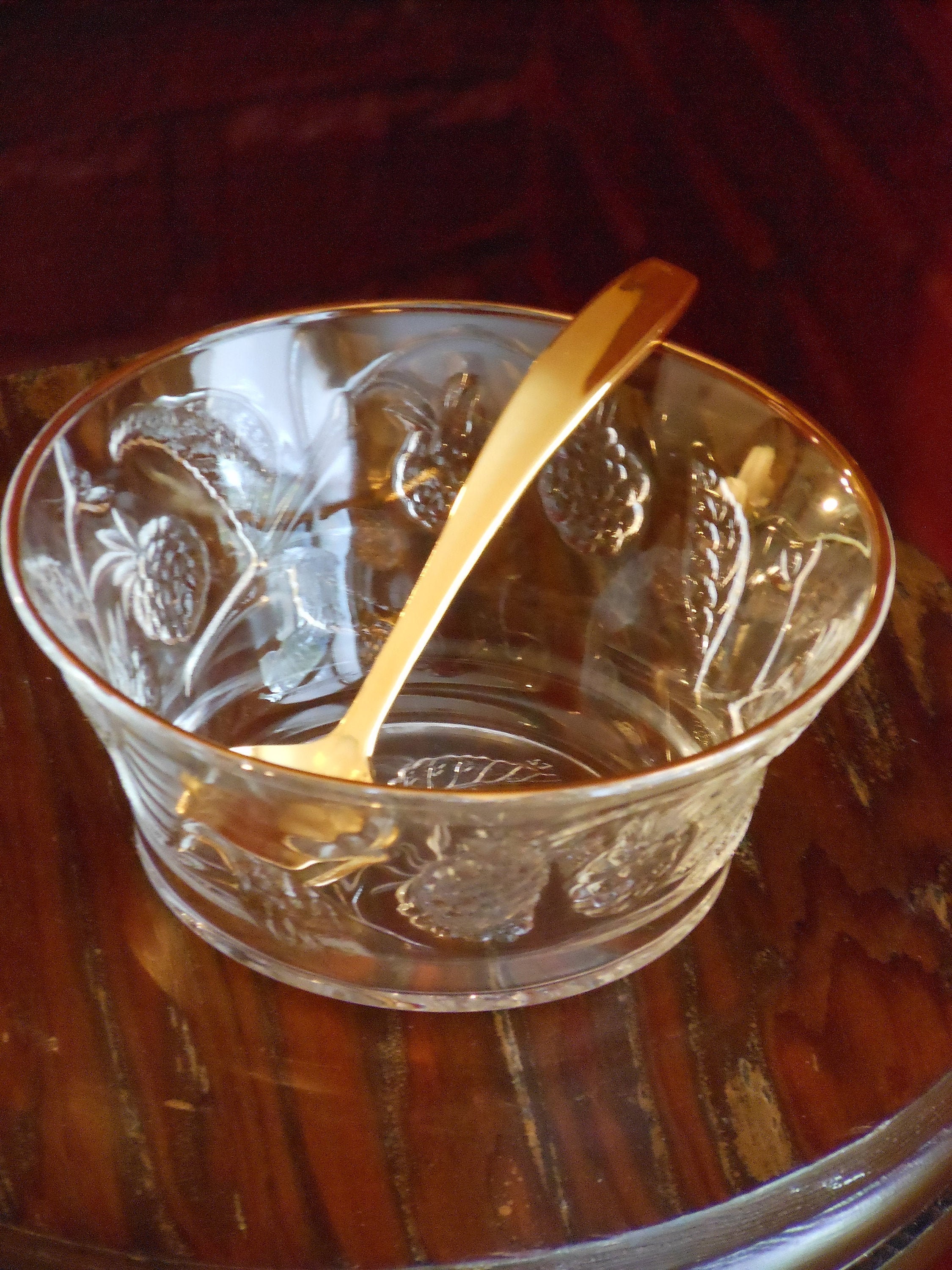 Etched French Glass Condiment Bowl with Gold Stainless Steel Spoon