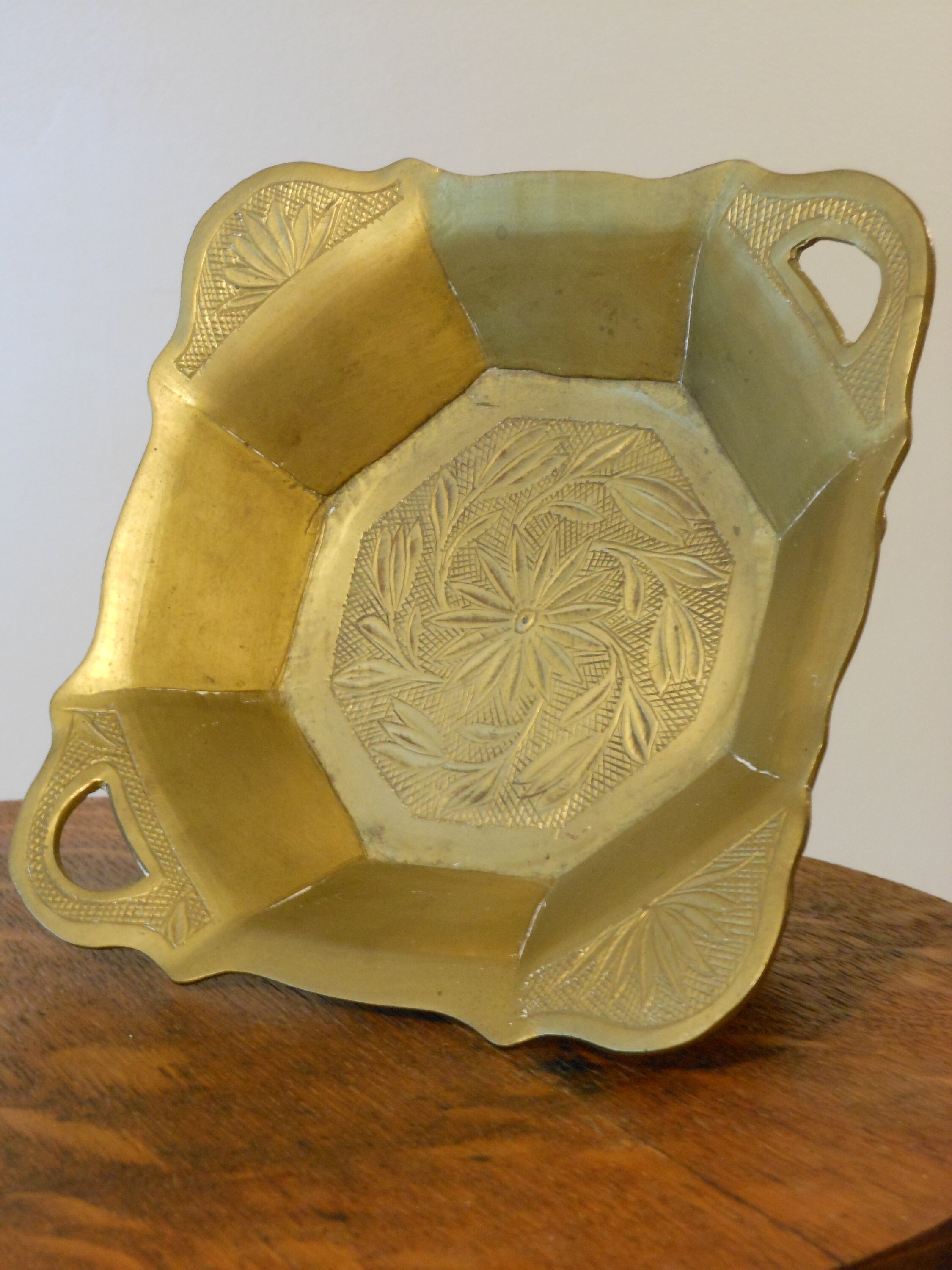 FourHandled Footed Solid Brass Etched Bowl