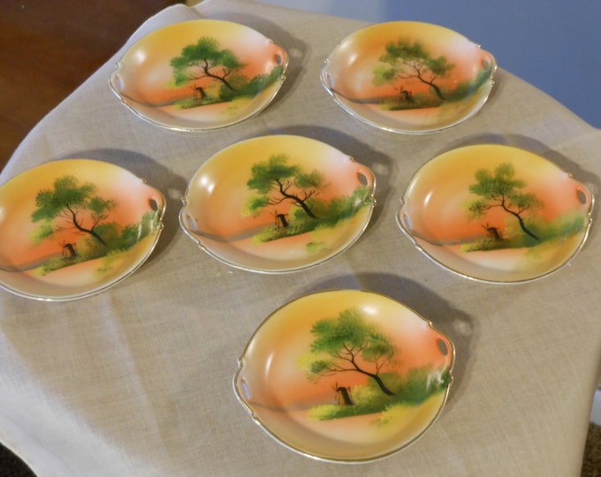 Six Hand Painted Noritake Morimura Two-Handled Butter Pats