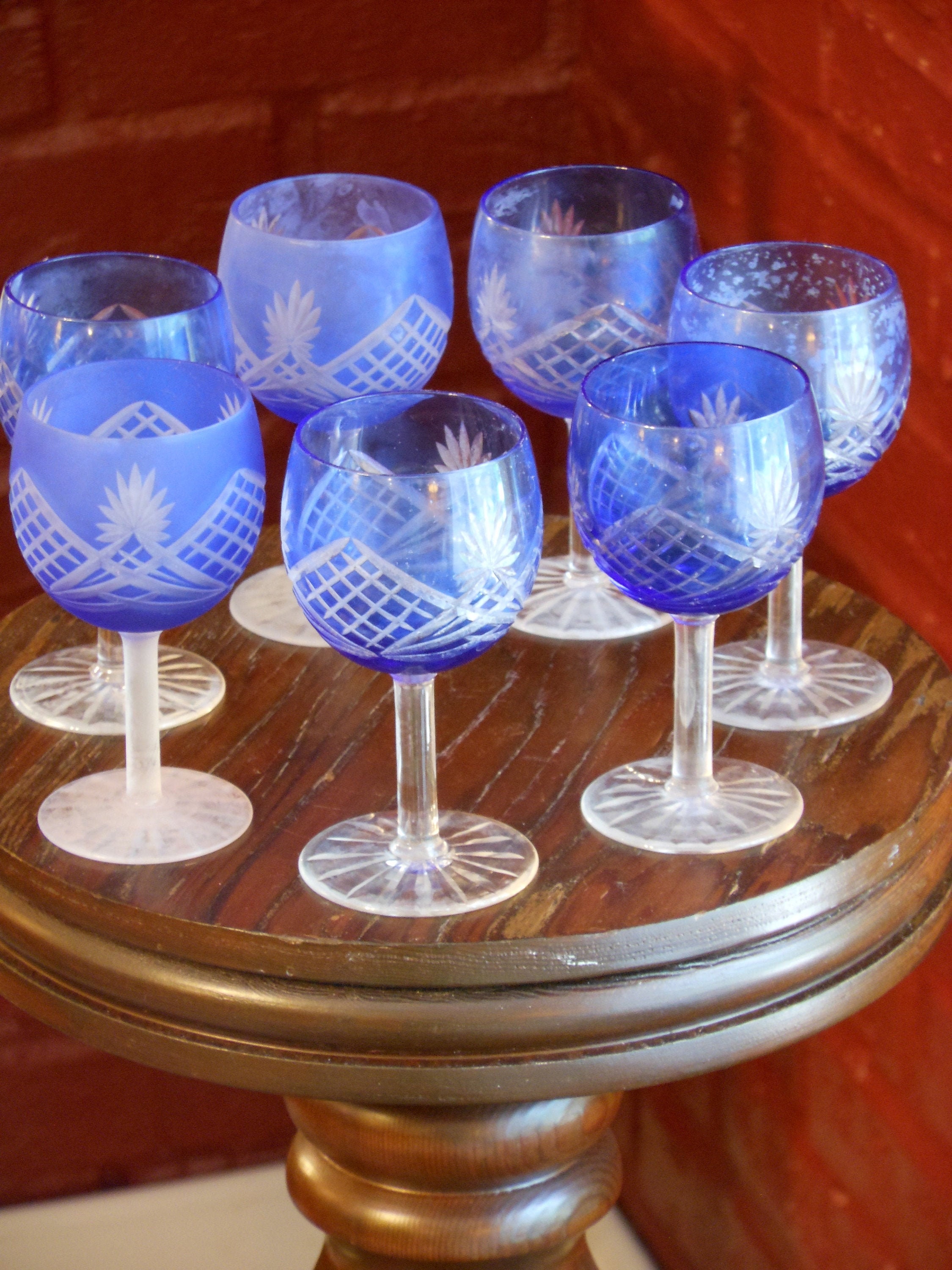 Seven Blue Glass Etched, Frosted Aperitif Glasses