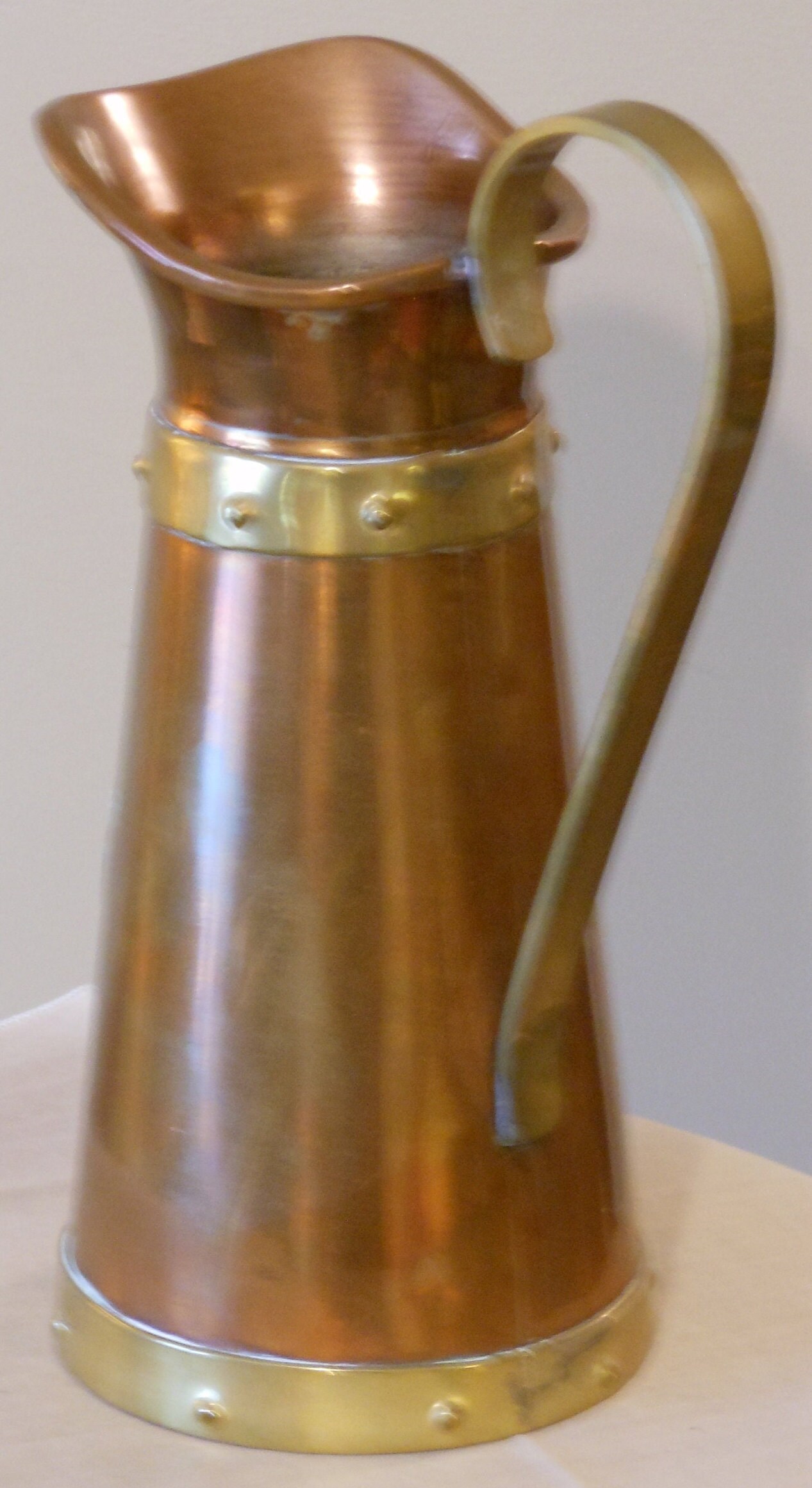 Vintage Hammered Copper Pitcher Vase with Brass Aztec Sun Symbol