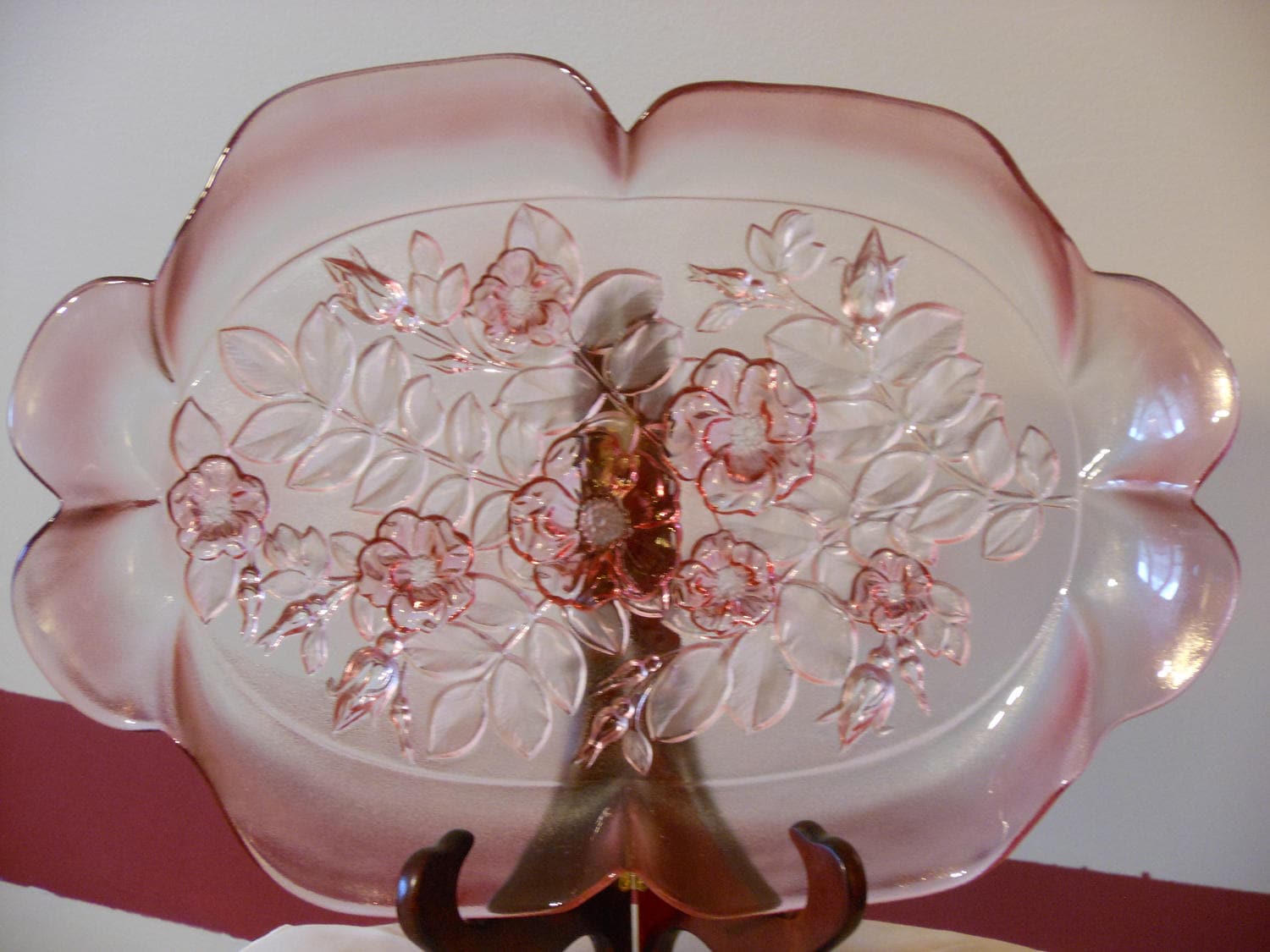 Etched Floral Pink Depression Glass Platter