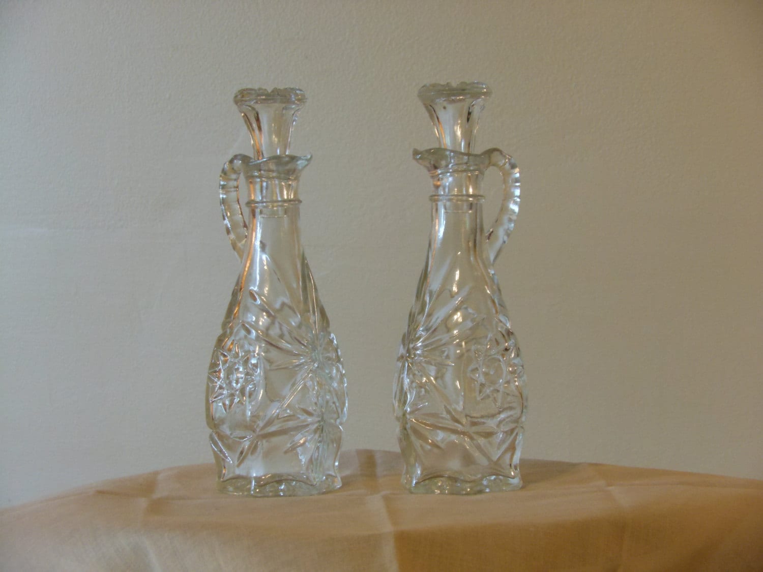 Two Matching Cut Crystal Cruets w/ Glass Stoppers