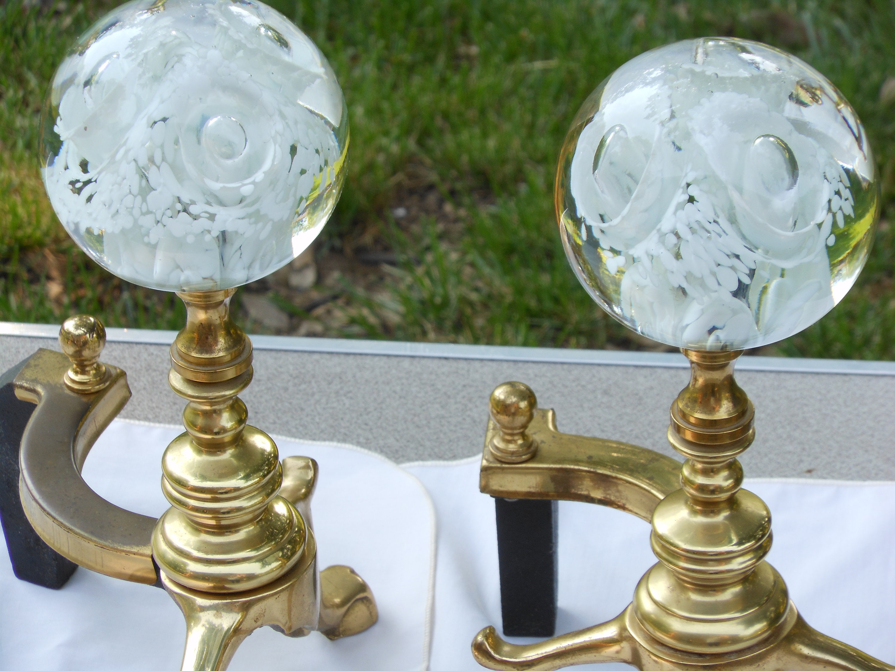 White Paperweight Vintage Glass & Brass Andirons