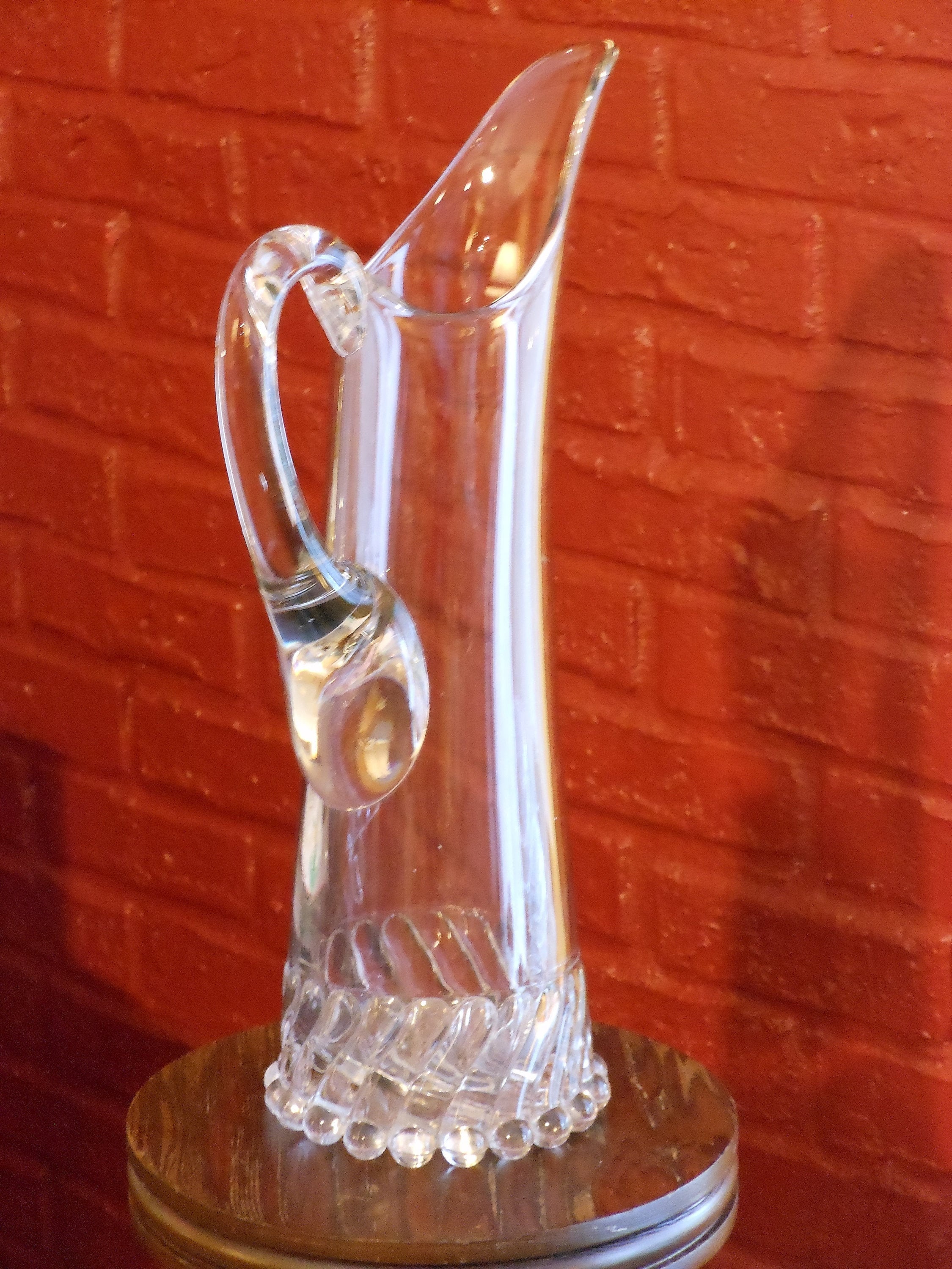 Tall Clear Glass Beaded Vase with Handle & Spout