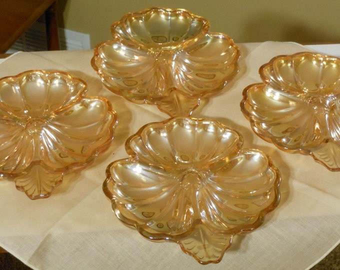 Set of Four Jeannette Marigold Carnival Glass Cloverleaf Candy/Relish Dishes