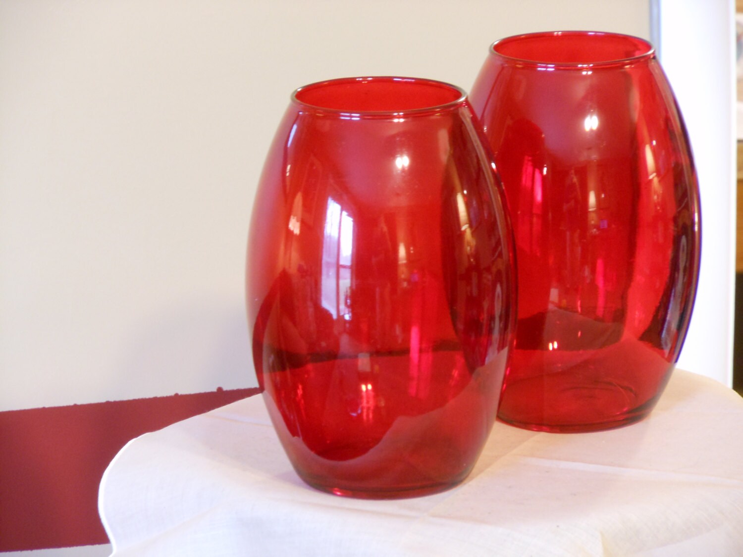 A Pair of Red Glass Matching Vases/Jars