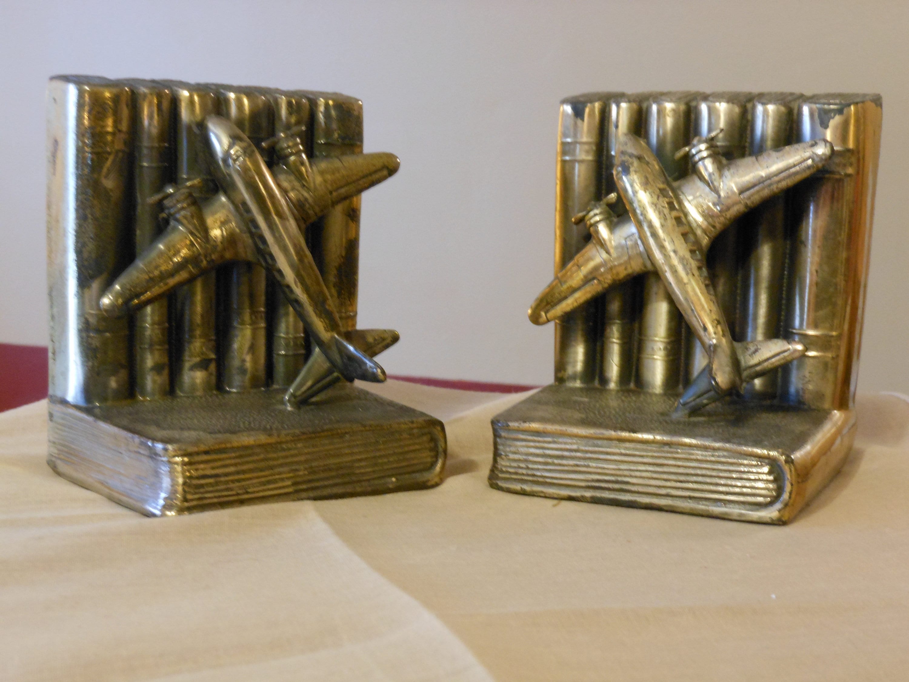 Vintage Brass Mold Airplane Bookends