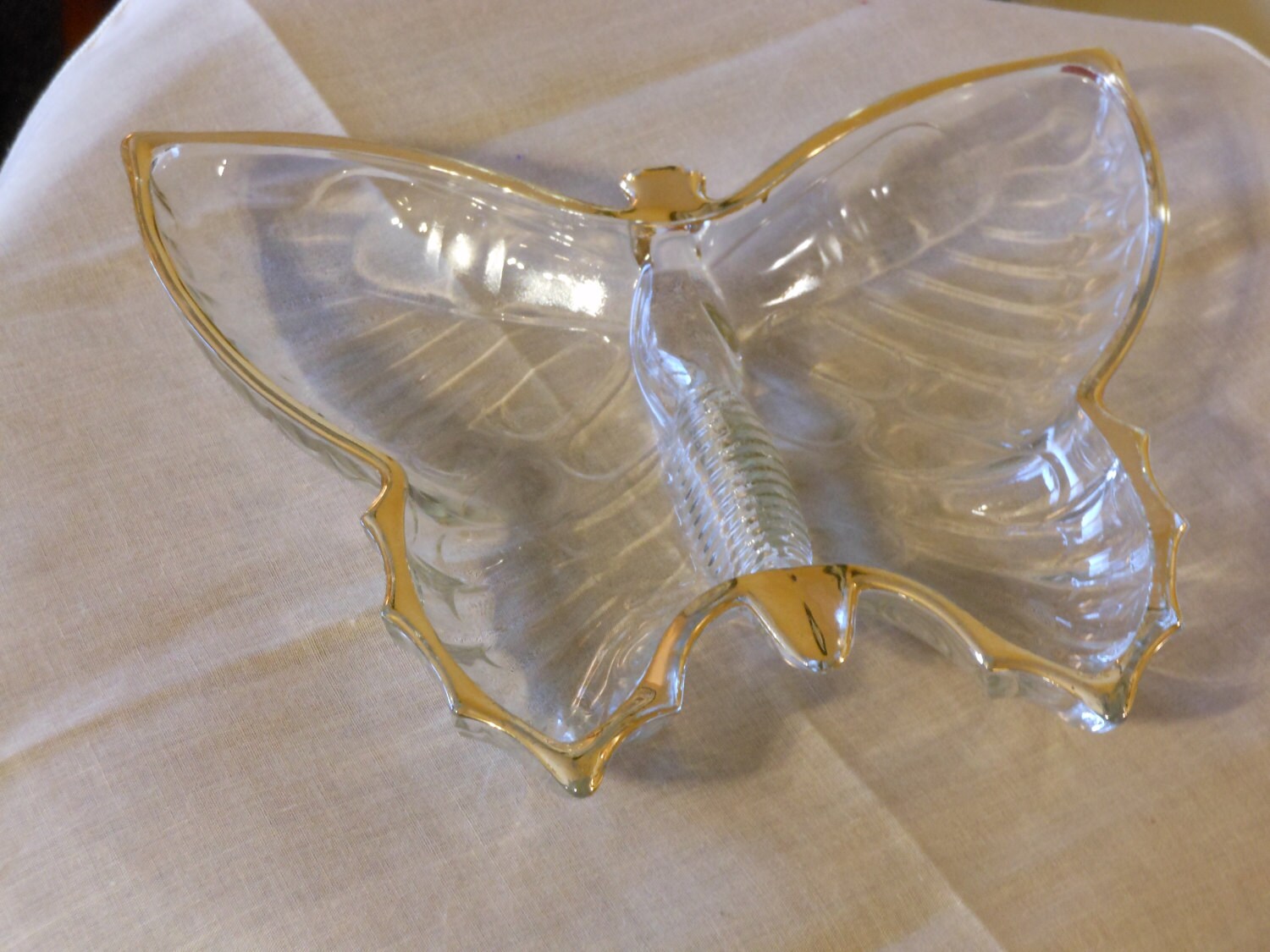 Clear Glass, Gold Trimmed Vintage Butterfly Sectioned Candy Dish