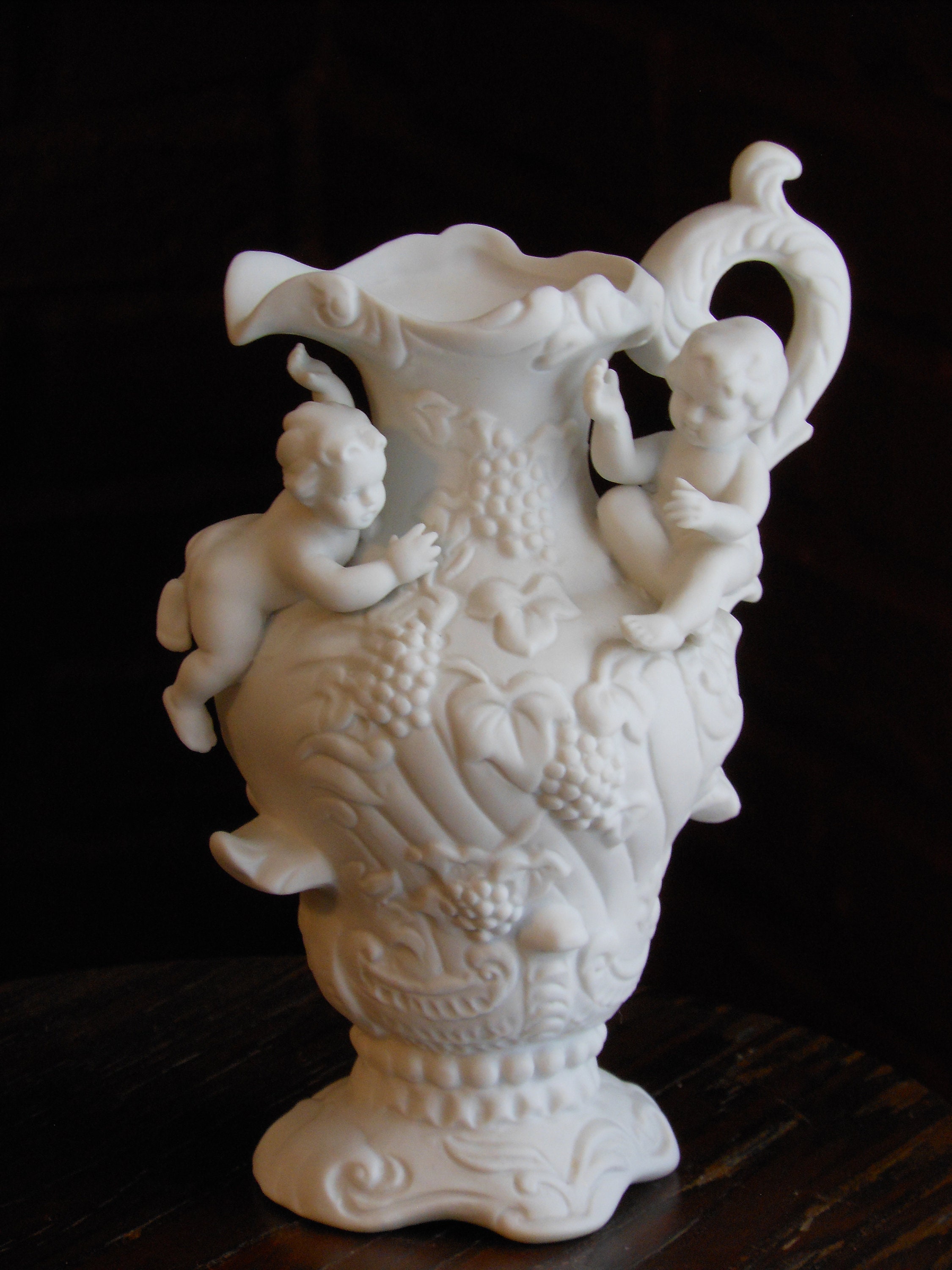 Porcelain Bisque Ewer Pitcher Vase with Cherubs (RESERVED)