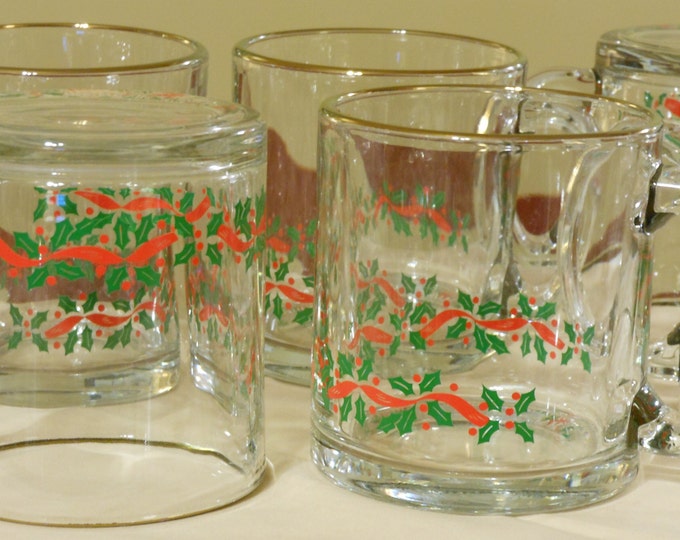 Eight Clear Large Christmas Mugs with Holly Border