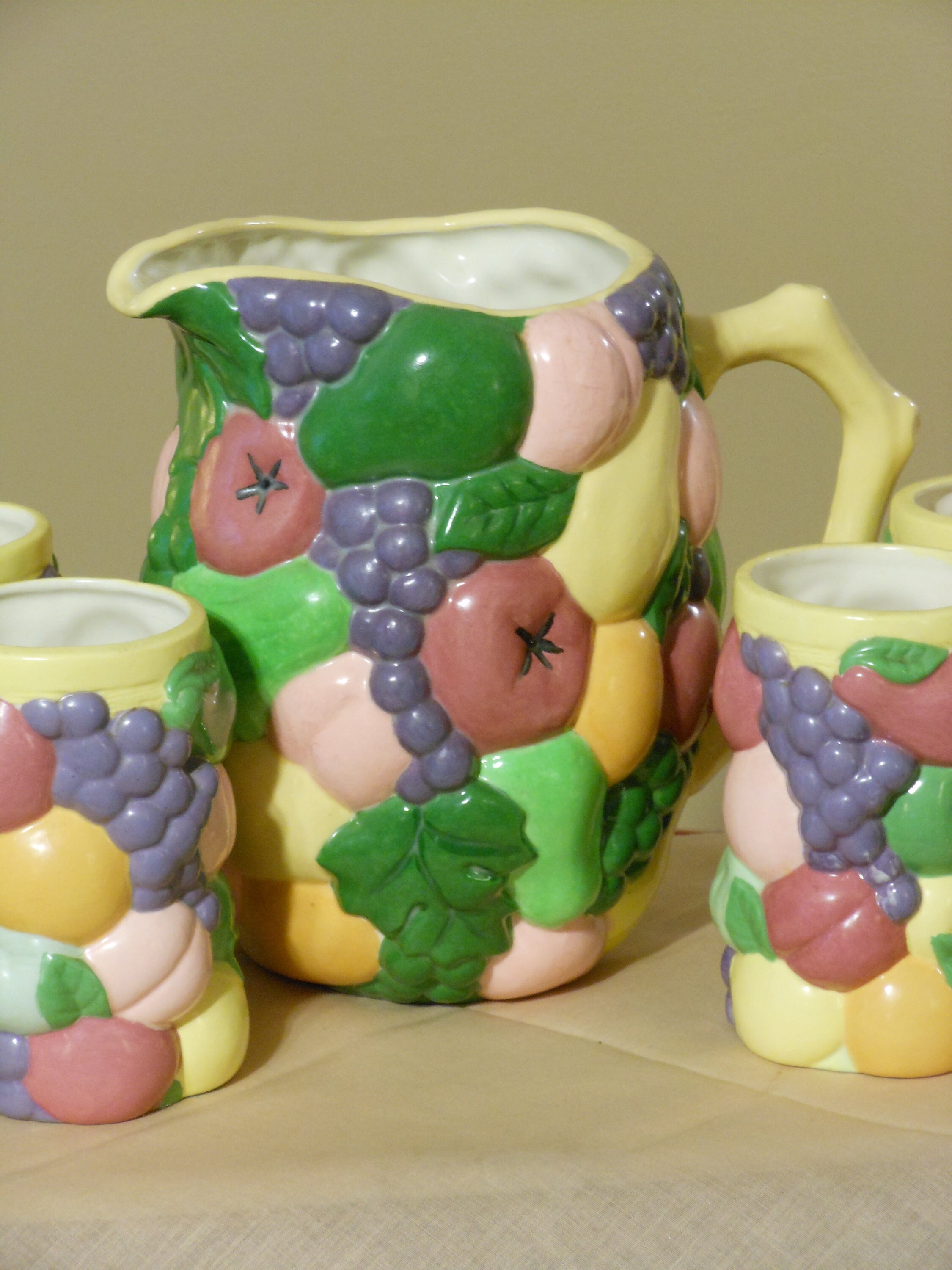 Vintage Ceramic Embossed Fruit Pitcher with Six Glasses