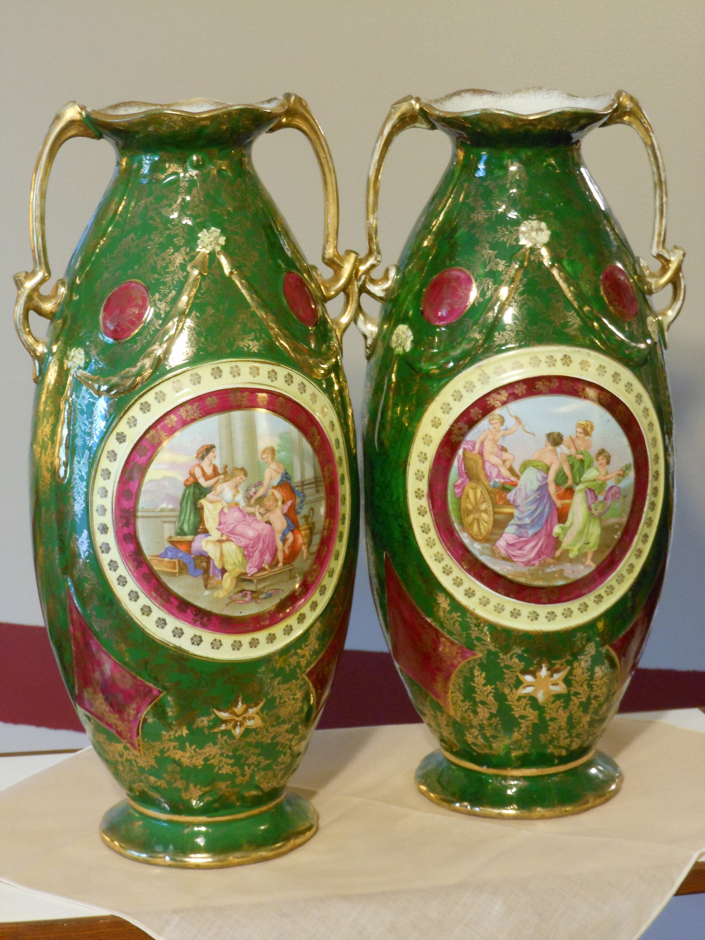Two Vintage Tall Green ClassicThemed Vases