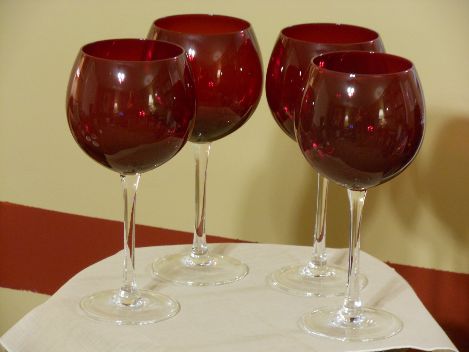 Set of Four Deep Red 12ounce Goblets with Crystal Stems (RESERVED for