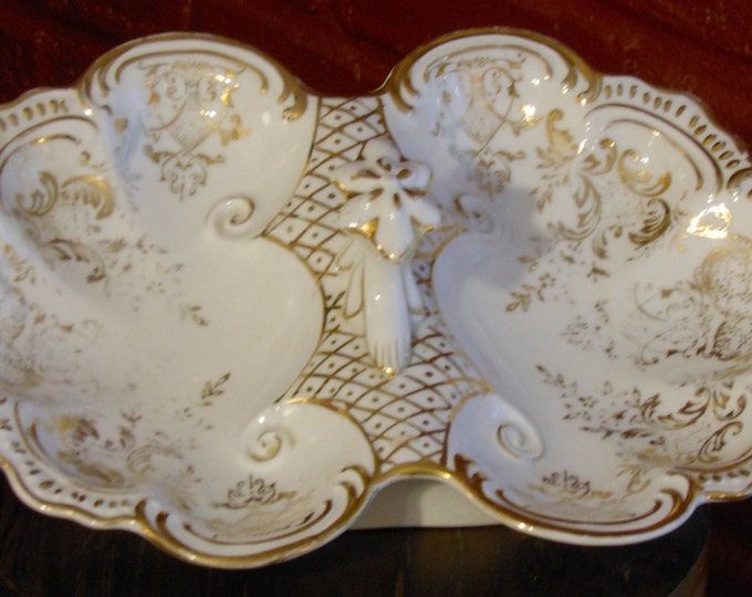 Vintage Scalloped Gilded Handled Two-Sided Relish Tray