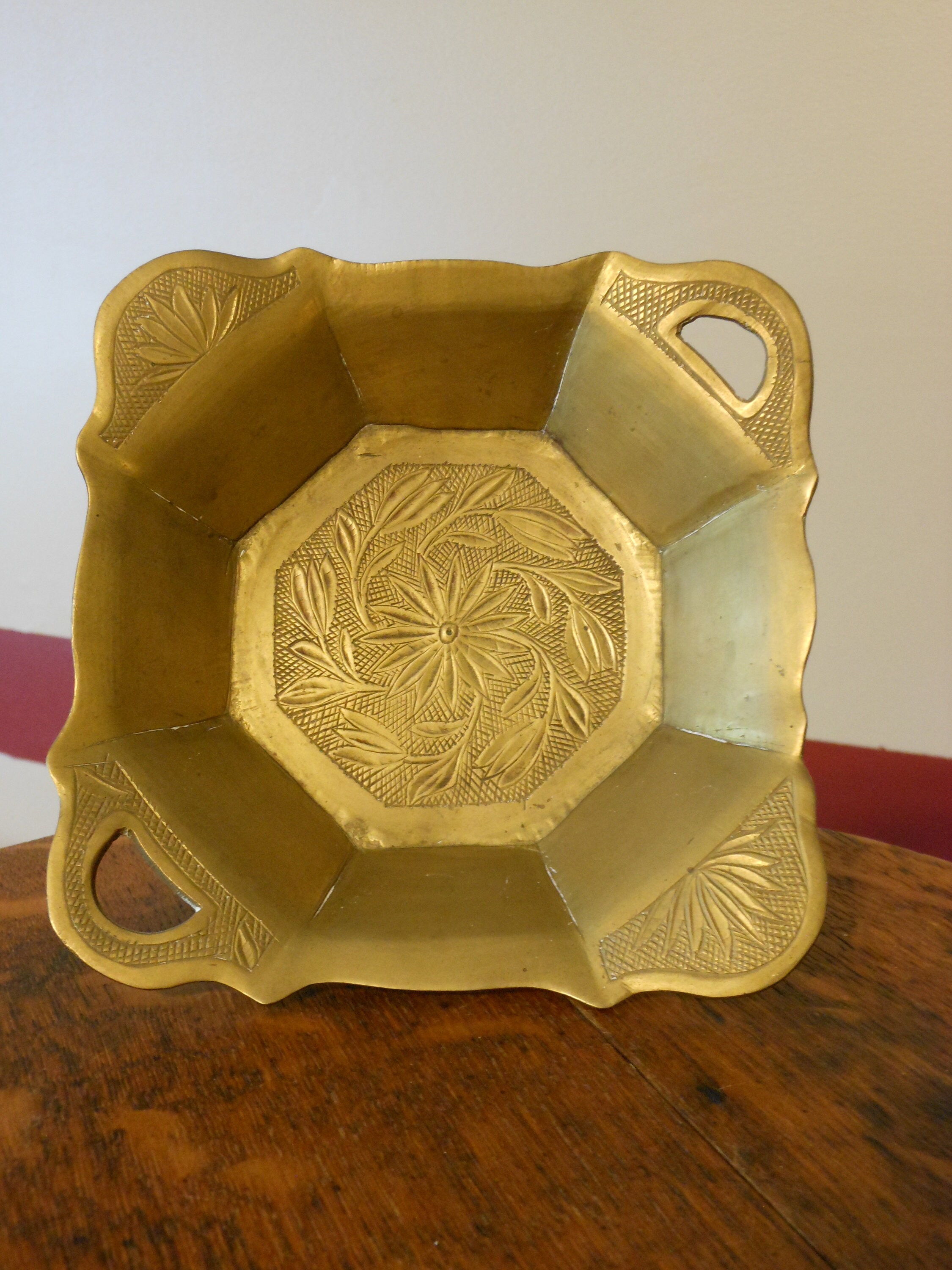 FourHandled Footed Solid Brass Etched Bowl