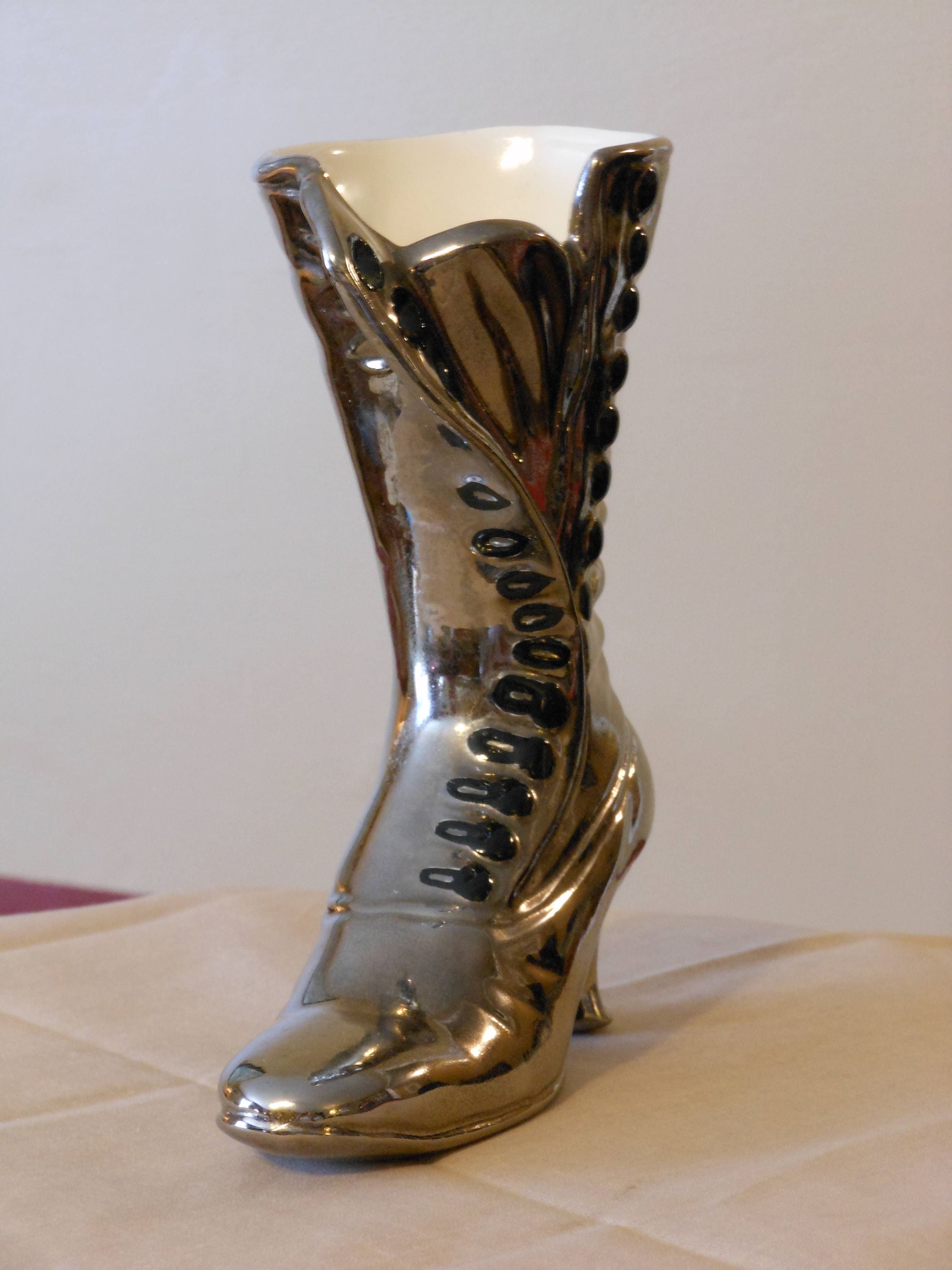 Vintage BrassCovered Ceramic Victorian Ladies Boot Vase