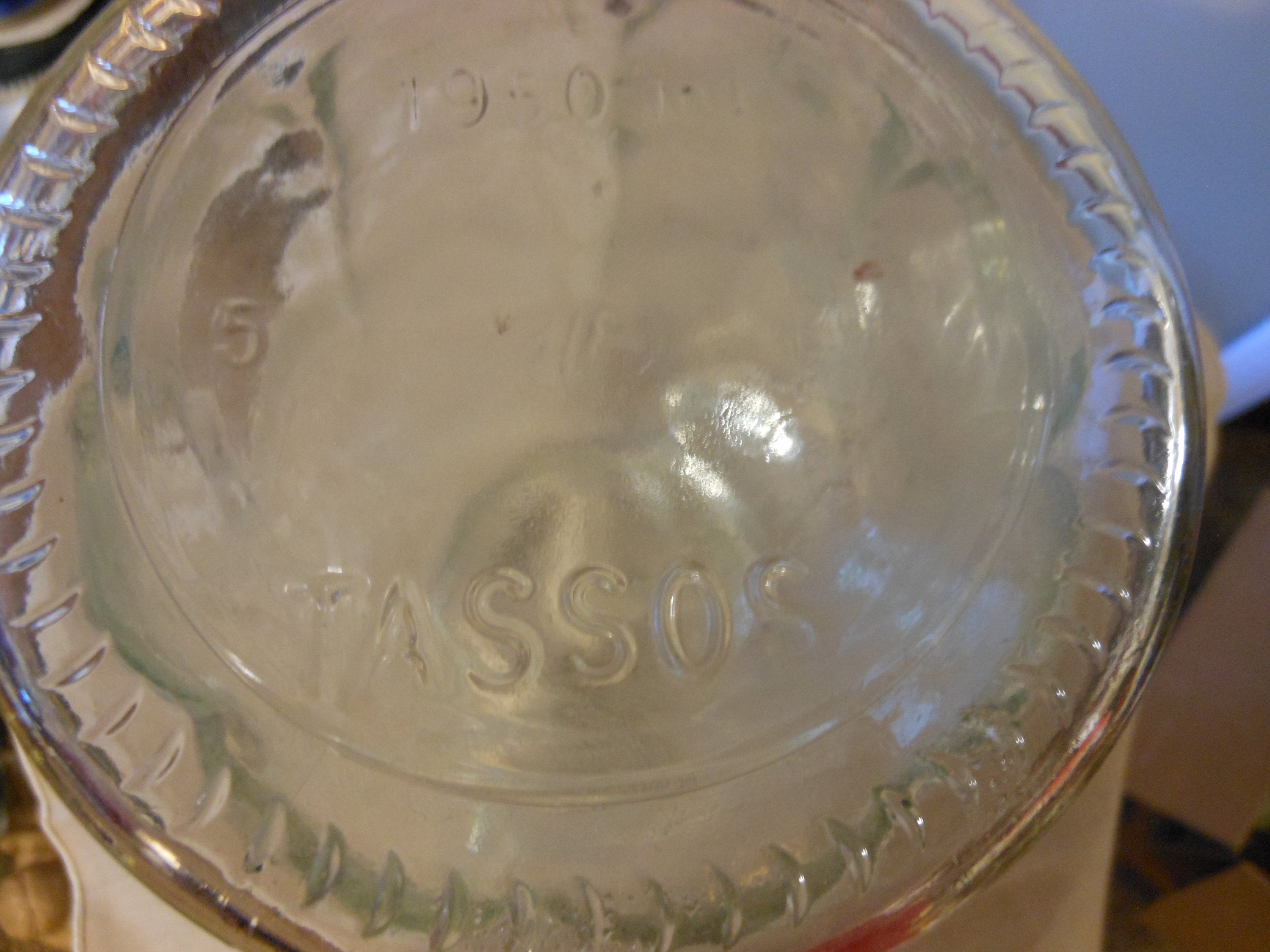 Vintage 10 Tasso Olives Brand Large Clear Glass Pitcher w/ Handle Jar