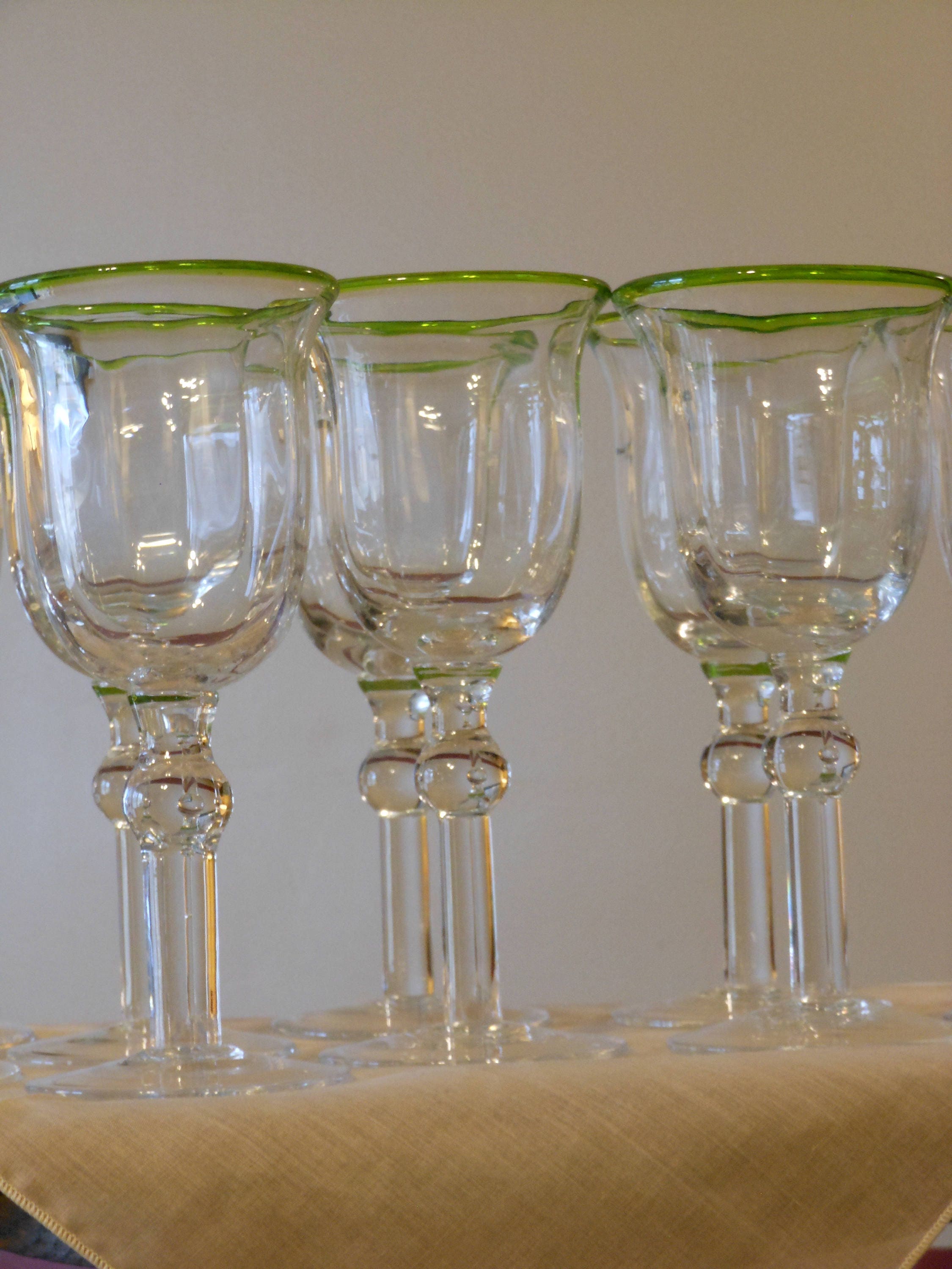 Collection of Nine Beaded, GreenRimmed, LongStemmed Wine Glasses