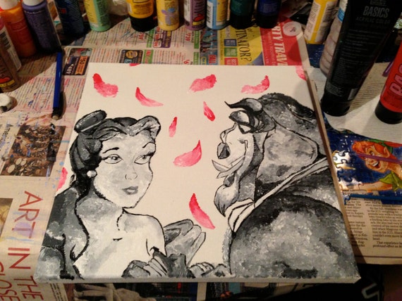Beauty And The Beast Inspired Black And White Painting Etsy
