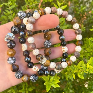 3pc Men&#39;s Bracelet Set - SKULL Beaded Bracelets - Groomsmen Gift - Onyx Bracelets - Protection Bracelets - Stretch Bracelets for Men