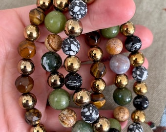Men's Gemstone Bracelet Set - Lava Stone, Hematite, Handmade