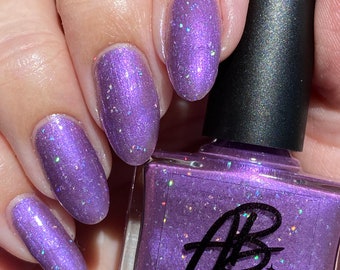AB Polish Sarah, Purple shimmer with scattered silver holographic micro shred glitters nail polish