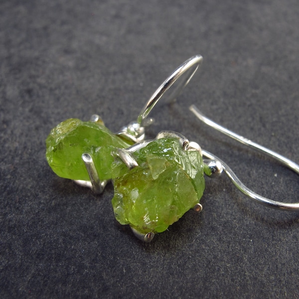 Fantastic Raw Peridot Olivine Crystal Sterling Silver Earrings From Pakistan - 1.0" - 2.81 Grams