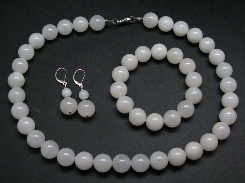 Genuine White Azeztulite Stone Necklace Earrings Bracelet Round 14mm Beads Set from North Carolina One-of-A-Kind!