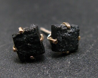 Natural Raw Black Tourmaline Schorl Crystal Stud Earrings  In Sterling Silver From Brazil - 0.6"