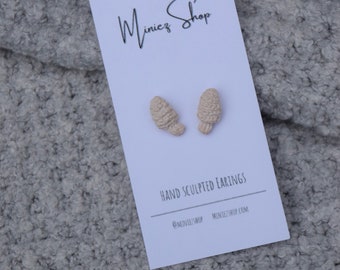 White Shaggy Man Hand Sculpted Polymer Clay Mini Coprinus Comatus Mushroom Earrings