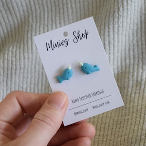 Narwhal Hand Sculpted Polymer Clay Mini Narwhal Earrings Ocean Themed