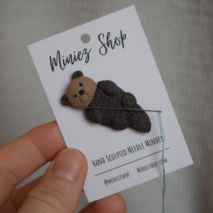 Otter Hand Sculpted Polymer Clay Sea Otter Needle Minder or Magnet Ocean Themed