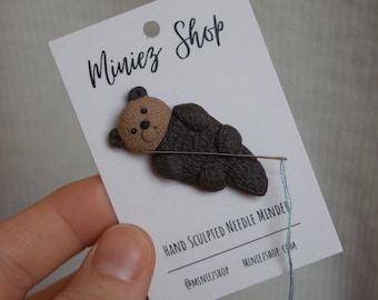 Otter Hand Sculpted Polymer Clay Sea Otter Needle Minder or Magnet Ocean Themed