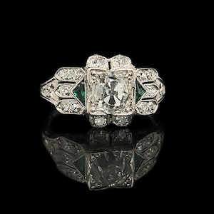 Art Deco 1.31ct. Diamond, Emerald & Platinum Antique Engagement - Fashion Ring GIA - J40165