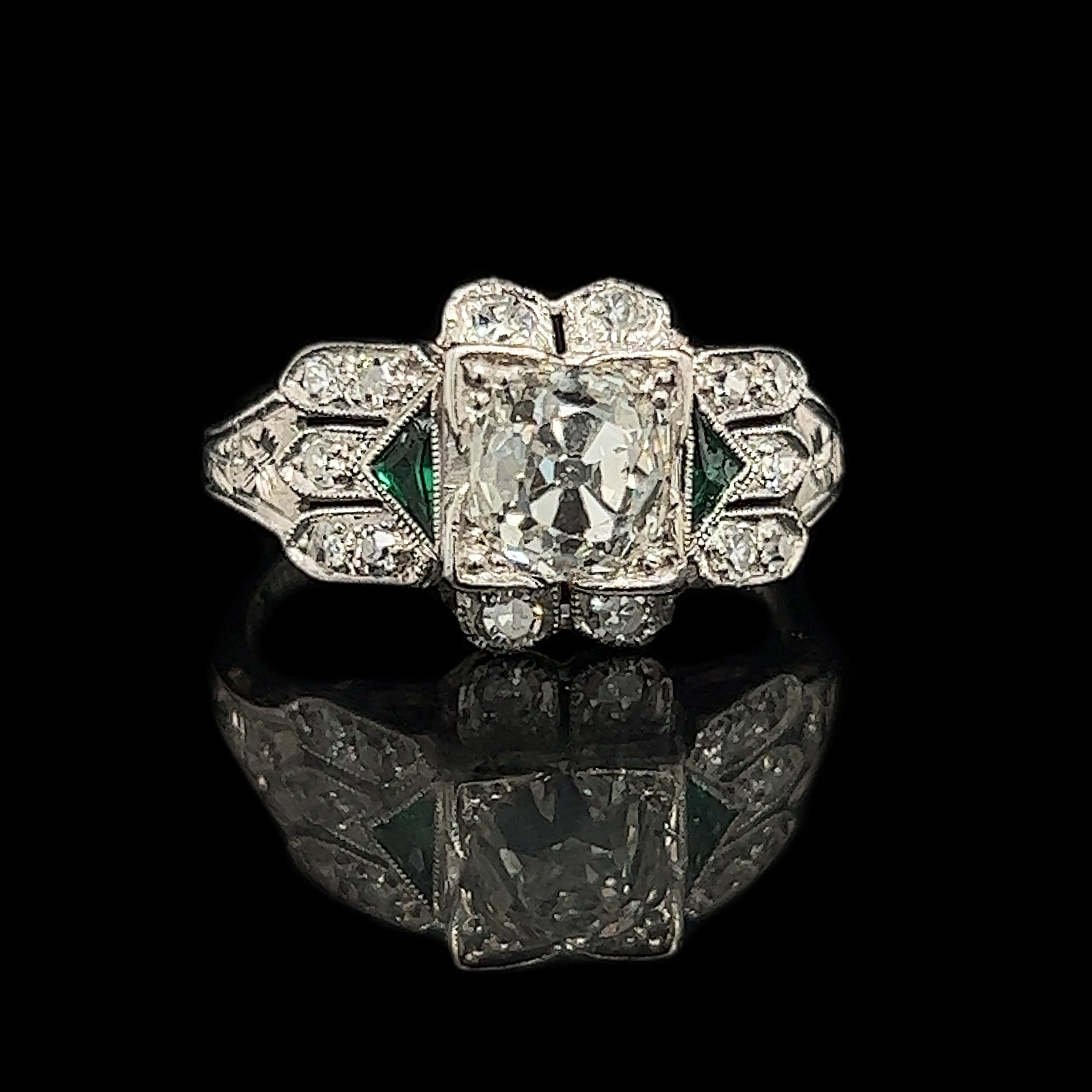Art Deco 1.31ct. Diamond, Emerald & Platinum Antique Engagement - Fashion Ring GIA - J40165
