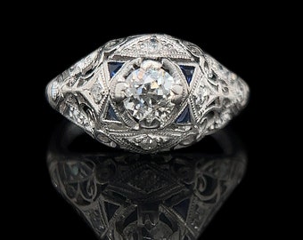 Art Deco .40ct. Diamond & Sapphire Antique Engagement - Fashion Ring Platinum - J37962