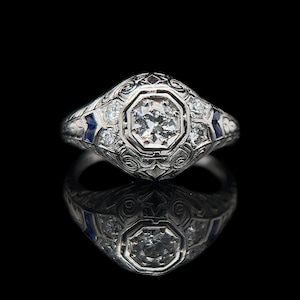Art Deco .33ct. Diamond & Sapphire Antique Engagement - Fashion Ring Platinum - J38015
