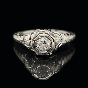 Art Deco Antique Engagement Ring .20ct. Diamond 18K White Gold - J35980