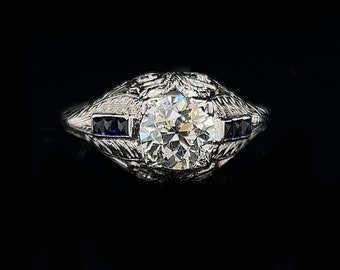 Art Deco 1.28ct. Diamond & Sapphire Antique Engagement - Fashion Ring Platinum - J39804