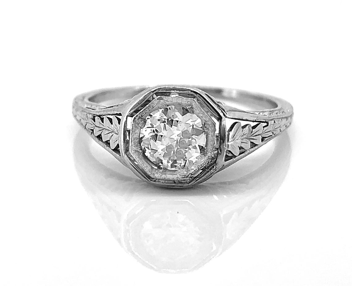 Antique Engagement Ring .50ct. Diamond & 18K White Gold Art Etsy