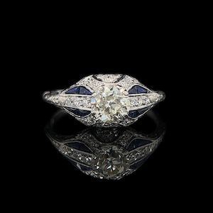 Art Deco .92ct. Diament i szafir Antyczny pierścionek zaręczynowy - Modny pierścionek Platyna - J40030