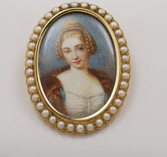 Victorian Pearl and Yellow Gold Portrait Miniature Pin J29650 | Etsy