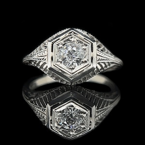 Art Deco Diamond Antique Engagement Ring .35ct. 18K White Gold - J37829