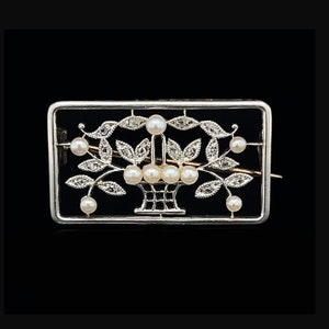 Edwardian Seed Pearl & Diamond Antique Pin - Brooch Platinum - Yellow Gold - J39792